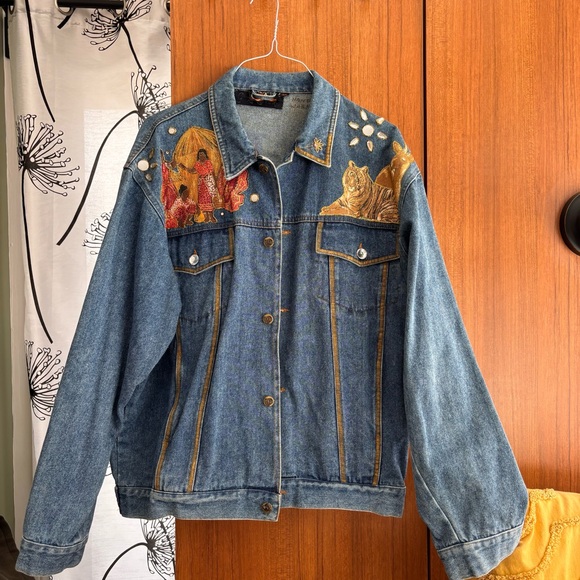 Vintage Custom Hand-Painted Safari Wearable Art Denim Jacket Size L - Picture 2 of 8